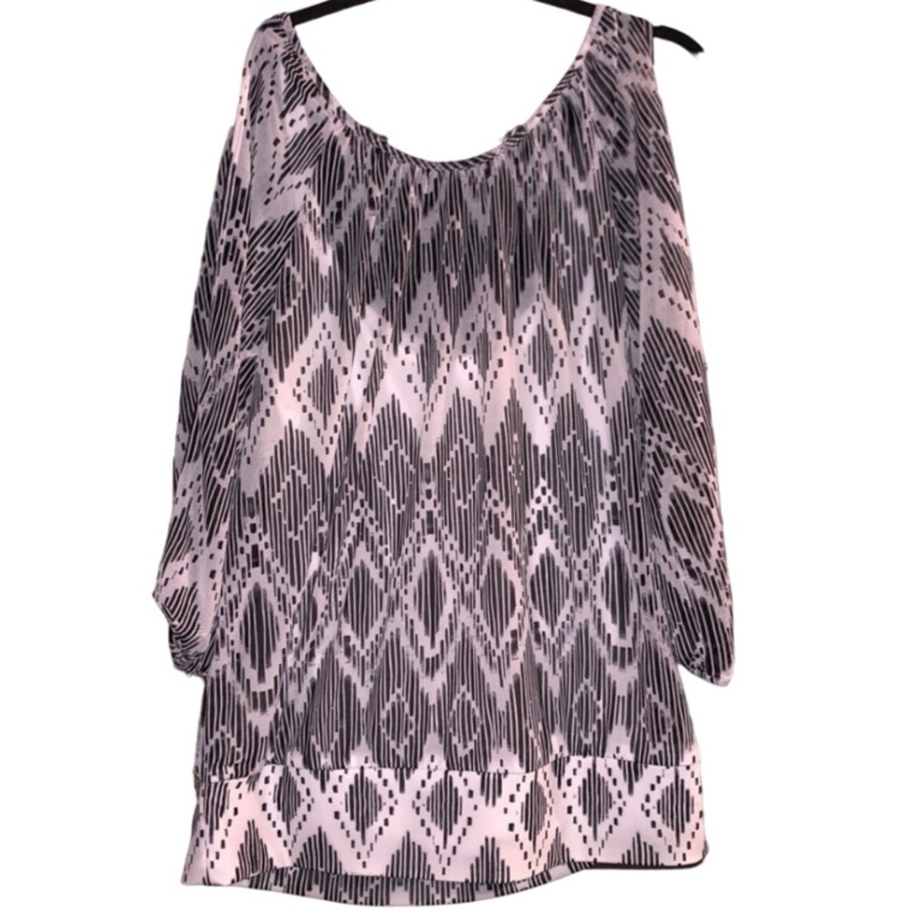 AB Studio Black & White Cold Shoulder 3/4 Sleeve Shirt Sz L 🖤